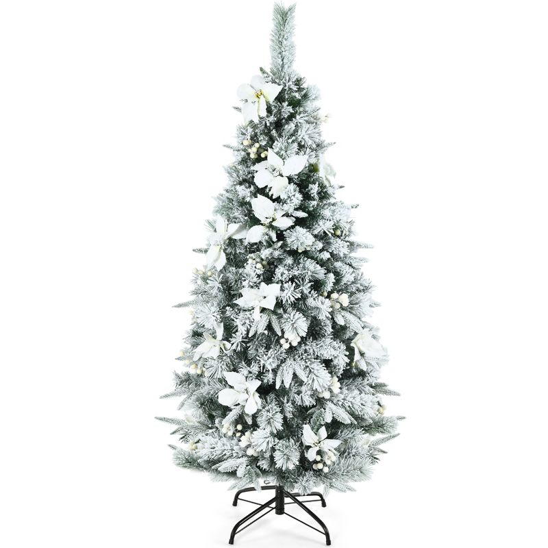 Costway 5ft/6ft/7ft/8ft Snow Flocked Christmas Pencil Tree w/ Berries & Poinsettia Flowers, 1 of 9