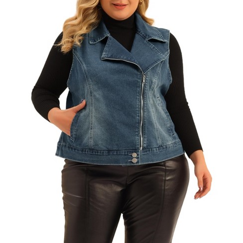 Agnes Orinda Women's Plus Size Zip Up Washed Denim Motorcycle