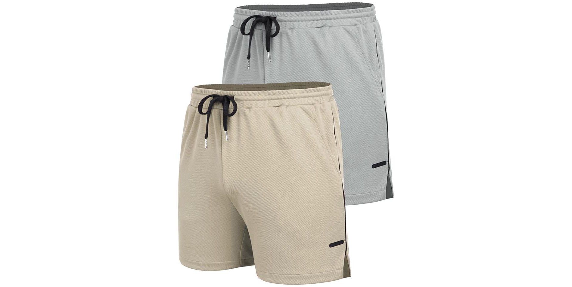 COOFANDY Men's 2 Pack Gym Workout Shorts Quick Dry Athletic Shorts 5 Inch Lightweight Sports Running Shorts with Pockets Khaki/Grey M
