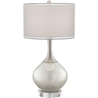 Possini Euro Design Modern Table Lamp with Round Riser Mercury Glass Chrome Metal Twin Drum Shade for Living Room Bedroom House