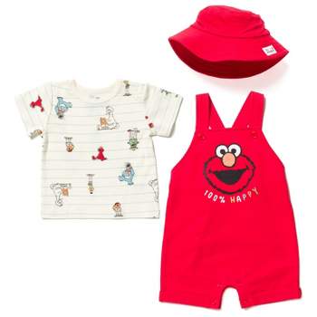 Sesame Street Elmo Baby French Terry Short Overalls T-Shirt and Hat 3 Piece Outfit Set Newborn to Infant