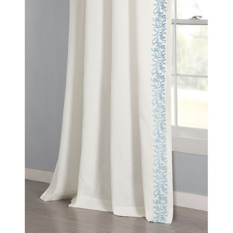 Luxury Modern Flower Linen Like Embroidery Border Window Curtain Panel Off White/Blue Single 52X84, 2 of 7