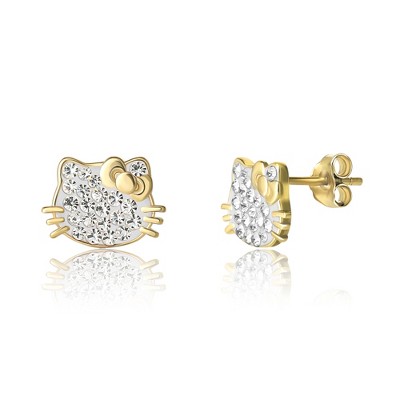 Sanrio Hello Kitty Womens Clear Crystal Stud Earrings, 18kt Gold Plated ...