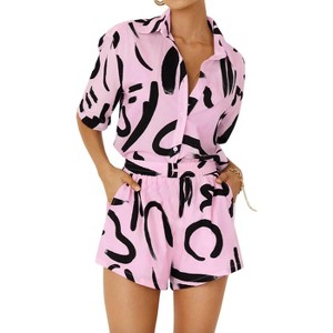 Womens Summer Pajama Sets Front Button Down Short Sleeve Shirts with Shorts Graffiti Pattern Summer Resorts Outfits Casual Co-ord Sets,Pink - 2XL - 1 of 4