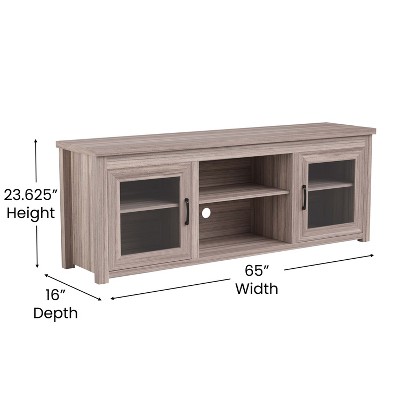 Gray Wash Oak 65" TV Stand with Glass Doors and Adjustable Shelves