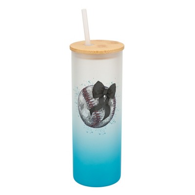Elanze Designs 25 Ounce Frosted Glass Gradient Travel Tumbler With Straw and Wooden Lid, Baseball Teal Paint Splatter Sky Blue