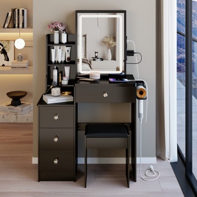 VYNXARIA 29.2"Small Size Left Bedside Cabinet Vanity Table&Cushioned Stool,Hair dryer bracket,Extra Large Sliding Mirror,Black
