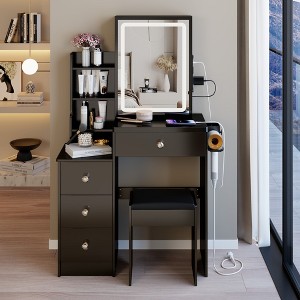 VYNXARIA 29.2"Small Size Left Bedside Cabinet Vanity Table&Cushioned Stool,Hair dryer bracket,Extra Large Sliding Mirror,Black - 1 of 4