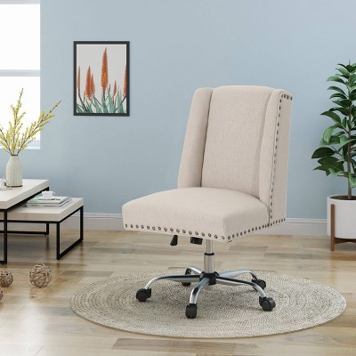 Contemporary Wheat Fabric Swivel Office Chair with Chrome Finish and Nailhead Trim