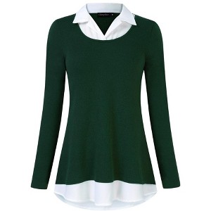 Women's Contrast Collared Shirts Patchwork Work Blouse Tunics Tops - 1 of 4