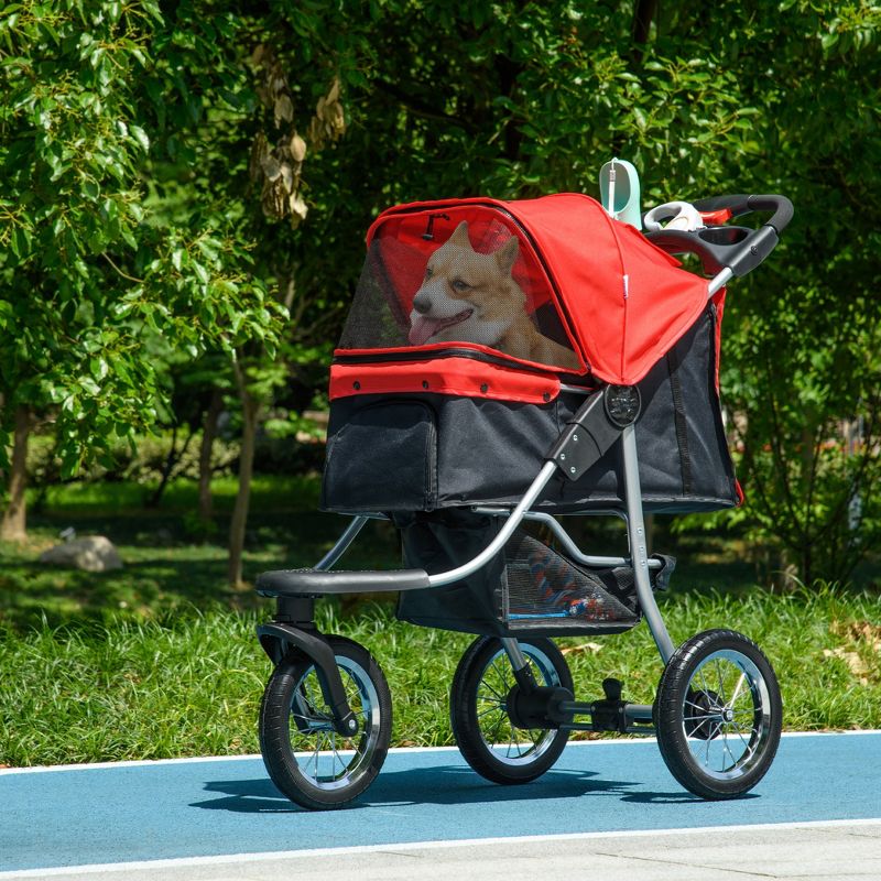 PawHut Luxury One-click Folding Pet Stroller Dog/Cat Travel Carriage with Wheels Adjustable Canopy Zippered Mesh Window Door Red and Black, 2 of 9