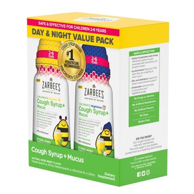 Zarbee&#39;s Kid&#39;s Cough + Mucus Day/Night with Honey, Ivy Leaf, Zinc &#38; Elderberry - Mixed Berry - 8 fl oz