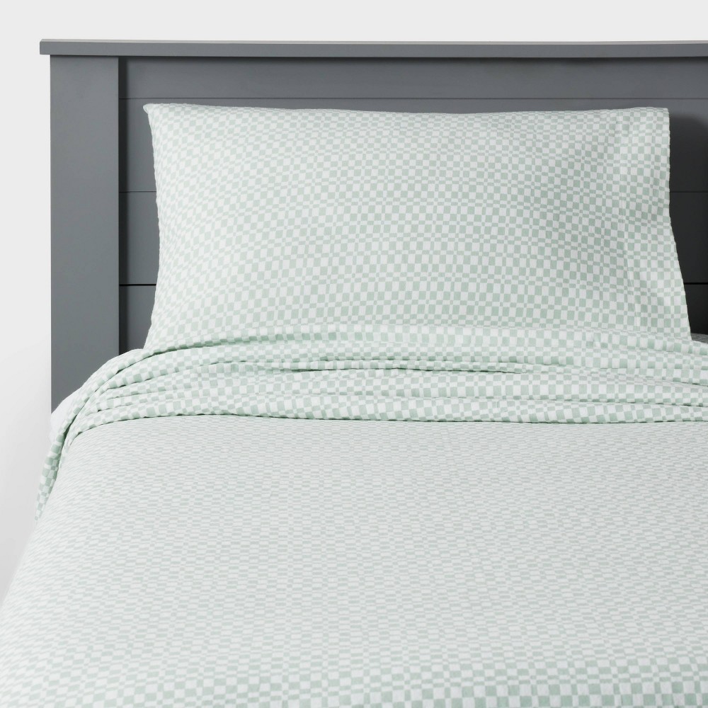 Twin Flannel Kids' Sheet Set Green Check - Pillowfort™