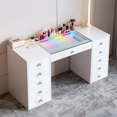 VANITII 51'' Makeup Vanity Desk with Lights 11 Drawers White