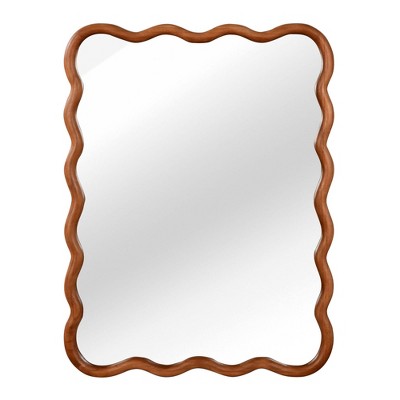 ChicFurnit Decorative Wall Mirror Wavy Design Solid Wood Frame for Home Entryway, Brown, 43.2"*32.7"*1.7"
