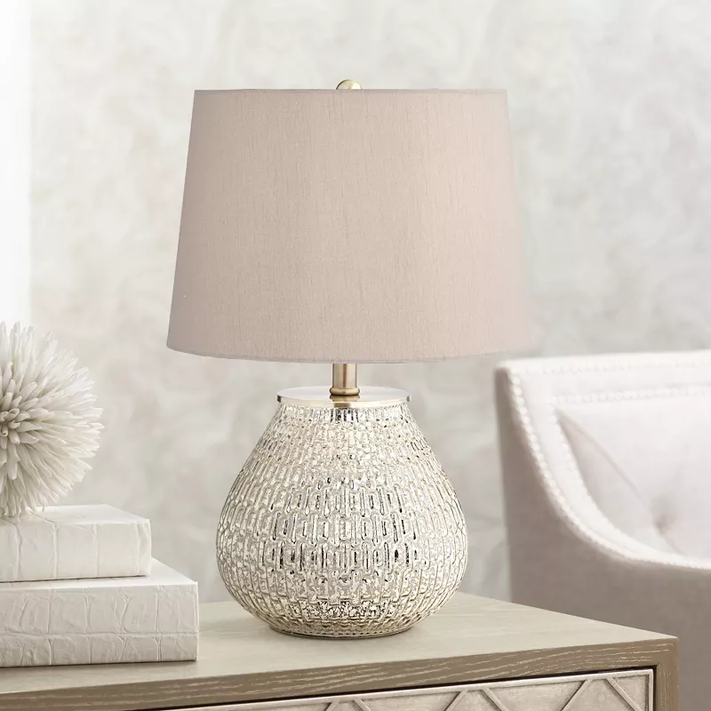 Mercury Glass Teardrop Gray Drum Shade, Country Cottage Table Lamps