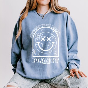 Simply Sage Market S.W.Smiley Support Your Local Planet Lightweight Garment Dyed Sweatshirt - 1 of 4