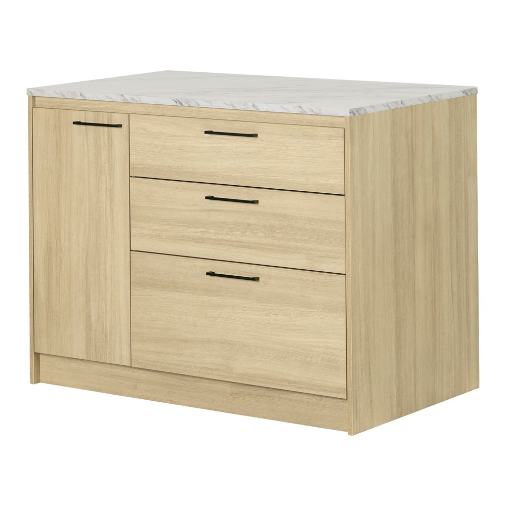 South Shore Myro Kitchen Island Faux White Marble & Blonde Oak