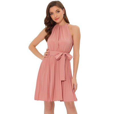 Allegra K Women's Summer Boho Sleeveless Halter Neck Belted Pleated Beach Sundresses