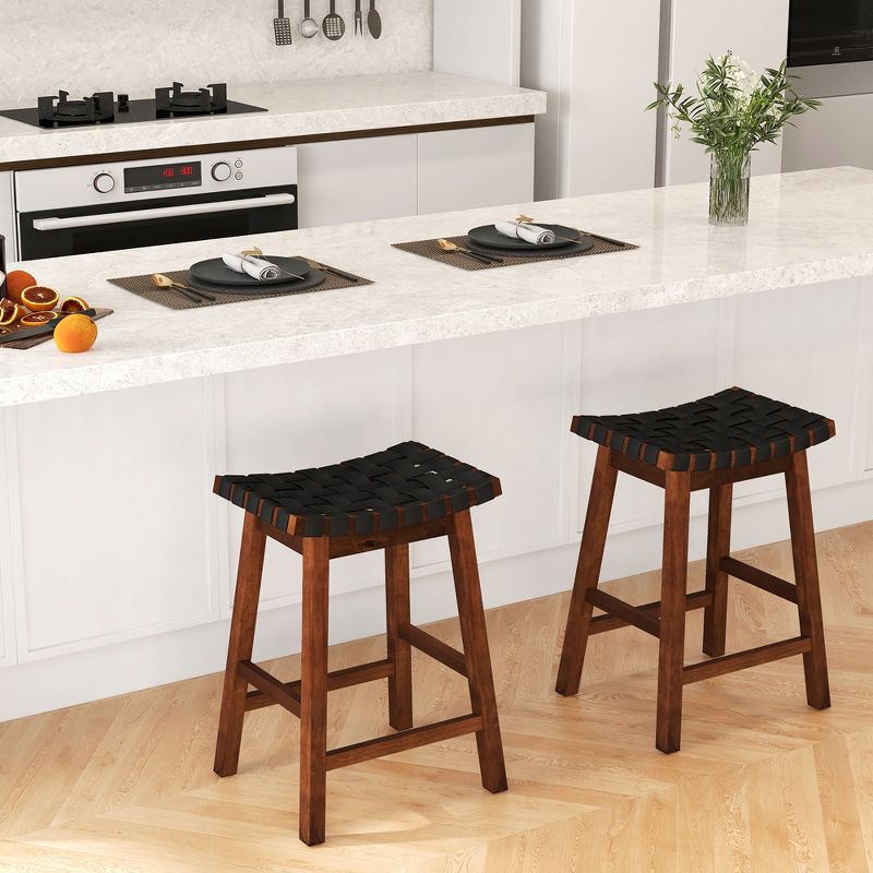 Tangkula Saddle Stools Set of 4 25.5 Inch Counter Height Stools w/ PU Leather Woven Seat Brown, 3 of 10