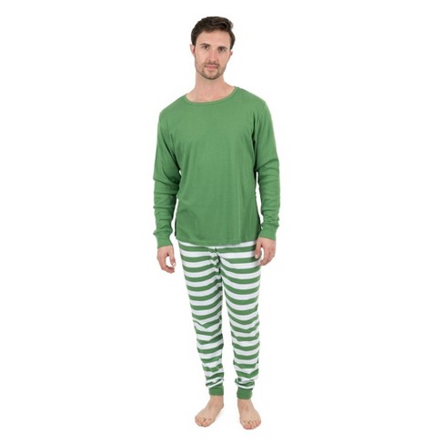 Leveret Mens Two Piece Cotton Christmas Pajamas Striped Green and Solid Top White M