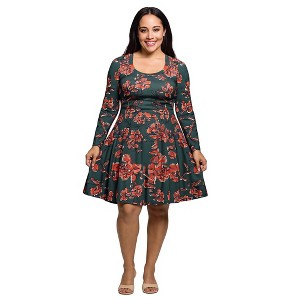 24seven Comfort Apparel Long Sleeve Fit and Flare Dress in Green Orange Floral Print - 1 of 3