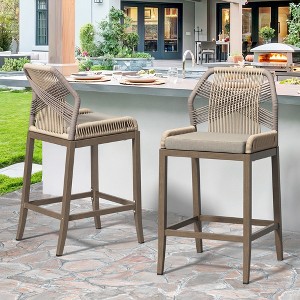 Arceso Outdoor Bar Stools, Rattan Outdoor Counter Height Bar Stools Set of 2, 26.5" H Woven Rope Patio Bar Chairs with Aluminum Legs for Kitchen - 1 of 4