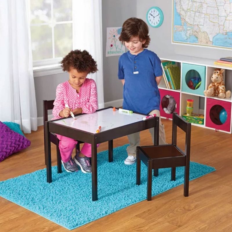 PJ Wood 3 Piece Solid Rubberwood Table and Chairs Set with Espresso Finish, Rounded Edges and Corners, and Wipeable Dry Erase Surface, Natural, 5 of 7