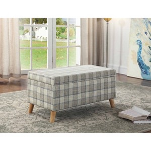 Plaid Storage Bench with 2 Seating Gray - Ore International: Upholstered Bedroom Ottoman, Wooden Legs - 1 of 4