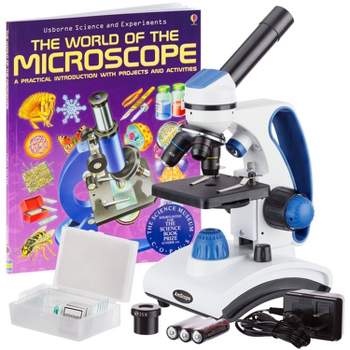 Portable Dual LED Student Microscope with Prepared and Blank Slides and Microscope Book - AmScope