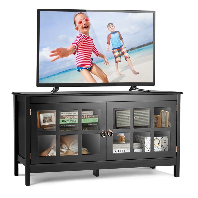 Tangkula 50" TV Stand Modern Wood Storage Console Entertainment Center w/ 2 Doors Black, 1 of 11