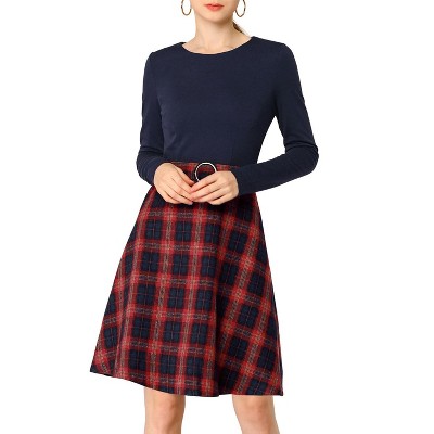INSPIRE CHIC Women's Long Sleeve Round Neck Plaid Dresses Navy Red Small