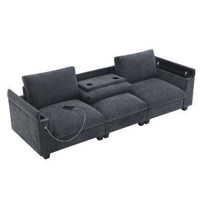 96" W 3-Seat Chenille Sectional Sofa with Bluetooth Speaker, Drop-Down Table, USB Charger, Storage Armrest, Dark Gray