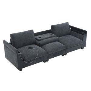 96" W 3-Seat Chenille Sectional Sofa with Bluetooth Speaker, Drop-Down Table, USB Charger, Storage Armrest, Dark Gray - 1 of 4