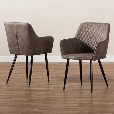 Set of 2 Gray and Brown Quilted Metal Dining Chairs