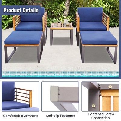 Acacia Wood and Metal 5-Piece Patio Set with Navy Cushions