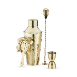 Twine Gold Hammered Barware Set, Stainless Steel Shaker, Jigger, Muddler, Bar Spoon, Hawthorne Strainer, Gold, Set of 4 - 1 of 4