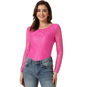 Allegra K Women's Slim Fit Sheer-Long-Sleeves Flower Embroidery Lace Top - 1 of 4