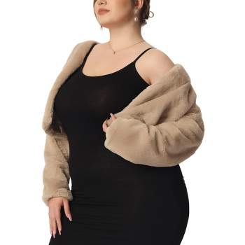 Agnes Orinda Women's Plus Size Winter Warm Collarless Faux Fur Fuzzy Cropped Cardigan