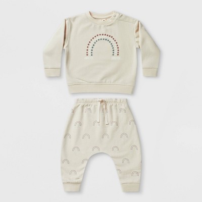 Image of Q by Quincy Mae Baby 2pc Rainbow Fleece Sweatshirt & Sweatpants Set - Cream 3-6M