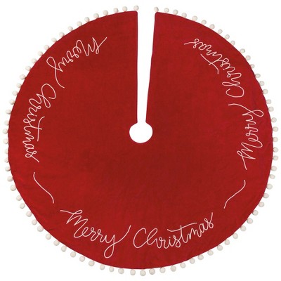 Red Velvet Christmas Tree Skirt with Pom Poms and Stitching