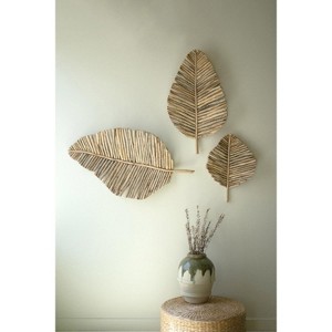 Wall Art - Teakwood Leaves 40" H - Handmade Distressed Tan Finish, Set of 3 By Kalalou - 1 of 3