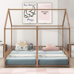 CAVINAS Double Floor Bed Twin Size Modern House-Shaped Metal Bed Frame with 2 Beds Side by Side and Guardrails for Bedroom - 1 of 4