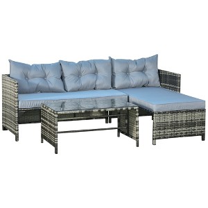 Outsunny 3 Piece Patio Furniture Set, Rattan Outdoor Sofa Set with Chaise Lounge & Loveseat, Soft Cushions, Table, L-Shaped Sectional Couch - 1 of 4
