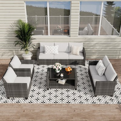6 Pieces Outdoor Sectional Sofa Set with Dining Table & Thickened Cushions, All-Weather PE Wicker Furniture for Garden Lawn Deck