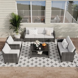 6 Pieces Outdoor Sectional Sofa Set with Dining Table & Thickened Cushions, All-Weather PE Wicker Furniture for Garden Lawn Deck - 1 of 4