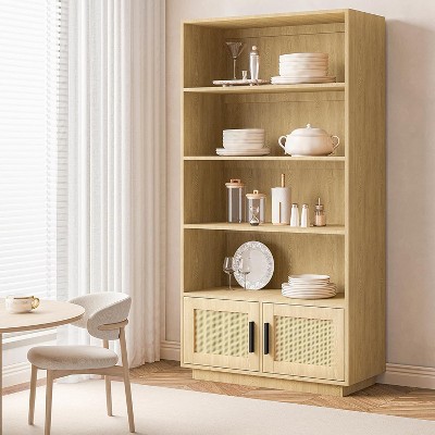 5 Tier Boho Bookcase with Rattan Doors, Wooden Tall Bookshelf with Storage, Large Bookshelf for Living Room, Bedroom, Home Office, Kitchen