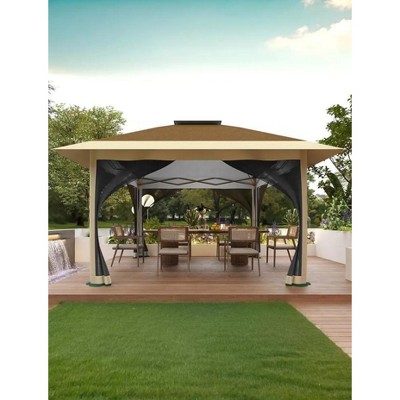 12x12 Pop Up Gazebo Instant Canopy Tent with Netting 4 Stanbags Outdoor Shelter for Lawn, Garden, Backyard, Deck (Khaki + Dark Khaki)