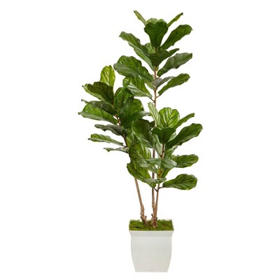 5.5' Indoor/Outdoor Fiddle Leaf Artificial Tree in Metal Planter White/Green - Nearly Natural