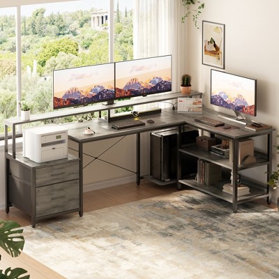 Aheaplus L-Shaped Computer Desk with Drawers and Monitor Shelf